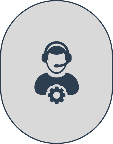 Support representative icon with headset and gear.